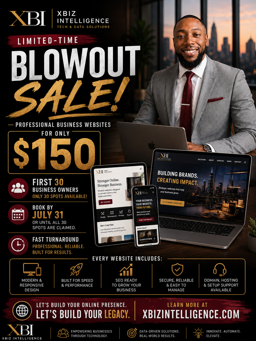 XBiz Intelligence website blowout sale offering professional business websites starting at $150